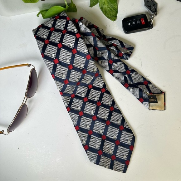 Vintage Charvet et Fils Wide Geometric Lined Cross Hatch Repp Tie Blue Red - Picture 1 of 7